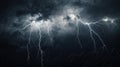 Dramatic thunderous stormy sky. Lightning strikes in cinematic landscape background. Electrical surge and wind.