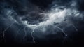 Dramatic thunderous stormy sky. Lightning strikes in cinematic landscape background. Electrical surge and wind.