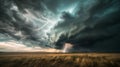 A dramatic thunderstorm brewing over a vast. open landscape. with lightning illuminating the sky and dark clouds swirling