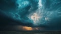 A dramatic thunderstorm brewing over a vast. open landscape. with lightning illuminating the sky and dark clouds swirling