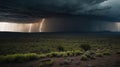 Dramatic Landscape Under a Stormy Sky with Lightning Strikes in the Distance Royalty Free Stock Photo