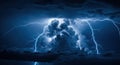 Dramatic thunderstorm with lightning strikes illuminating the dark and cloudy night sky above Royalty Free Stock Photo