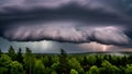 Dramatic Thunderstorm with Lightning Strikes Over Dark Forest. Powerful Storm Clouds and Heavy Rain Show Nature\'s Force. Royalty Free Stock Photo