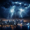 Dramatic Thunderstorm Night Cityscape with Lightning Strikes Royalty Free Stock Photo