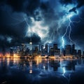 Dramatic Thunderstorm Night Cityscape with Lightning Strikes Royalty Free Stock Photo