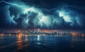 Dramatic thunderstorm over a city skyline at night, with multiple lightning and dark, turbulent clouds above the calm waters