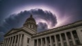 Dramatic Thunderstorm Over Classical Building With Lightning Strike And Dark Storm Clouds Keywords: thunderstorm Royalty Free Stock Photo