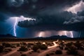 A dramatic thunderstorm over a desert landscape, with lightning illuminating the arid expanse below