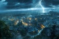 Dramatic Thunderstorm Over Medieval Town at Night with Intense Lightning Strike Illuminating Dark Sky Royalty Free Stock Photo