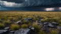 Dramatic Storm Clouds Over Grassy Field with Lightning Strike in the Distance Royalty Free Stock Photo