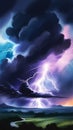 dramatic thunderstorm scene with dark clouds and vibrant lightning strikes, watercolor vertical illustration. Fury of Royalty Free Stock Photo