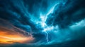 Dramatic Thunderstorm with Striking Lightning Over Dark Clouds and Glowing Sunset Horizon Royalty Free Stock Photo