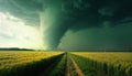 Dramatic tornado forms over green field. Person walks along dirt road in middle of golden wheat crops. Stormy sky full of dark
