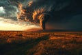 Dramatic tornado forms over rural landscape