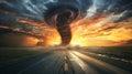 Dramatic tornado landscape at sunset ominous clouds and vivid colors capturing thunderstorm power Royalty Free Stock Photo
