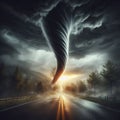 Dramatic Tornado Strikes Road in Stormy Environment Royalty Free Stock Photo