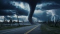 Dramatic Tornado Strikes Road in Stormy Environment Royalty Free Stock Photo