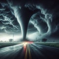 Dramatic Tornado Strikes Road in Stormy Environment Royalty Free Stock Photo