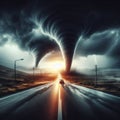 Dramatic Tornado Strikes Road in Stormy Environment Royalty Free Stock Photo
