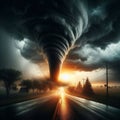 Dramatic Tornado Strikes Road in Stormy Environment Royalty Free Stock Photo