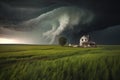 dramatic tornado swirling across open farmland