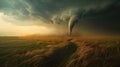 Dramatic tornado: Unleashing chaos in a grass field stormscape AI Image Royalty Free Stock Photo