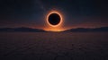 Dramatic Total Solar Eclipse over Cracked Desert Landscape and Mountains at Night AI generated. Royalty Free Stock Photo