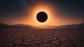 Dramatic Total Solar Eclipse Over Cracked Desert Landscape at Sunset AI generated. Royalty Free Stock Photo