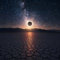 Dramatic Total Solar Eclipse Over Desert Landscape with Milky Way AI generated. Royalty Free Stock Photo