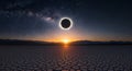 Dramatic Total Solar Eclipse over Desert Landscape at Sunset with Milky Way AI generated. Royalty Free Stock Photo