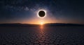 Dramatic Total Solar Eclipse over Desert Landscape at Sunset with Starry Sky and Milky Way AI generated. Royalty Free Stock Photo