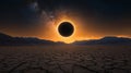 Dramatic Total Solar Eclipse Over Desolate Desert Landscape at Night Starry Sky Mountains AI generated. Royalty Free Stock Photo