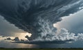 dramatic, towering storm cloud looms over grassy field, with rays sunlight piercing through the dark, ominous Royalty Free Stock Photo
