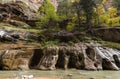 dramatic and tranquil landscape image taken in the Narrows on Zion national park. Its the Virgin River r in the park. Royalty Free Stock Photo