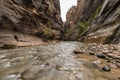 dramatic and tranquil landscape image taken in the Narrows on Zion national park. Its the Virgin River r in the park. Royalty Free Stock Photo