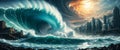 Dramatic tsunami wave approaching modern city Royalty Free Stock Photo