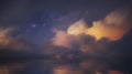Dramatic clouds and stars reflected in calm water under a twilight sky night Royalty Free Stock Photo