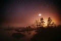 Dramatic Twilight Sky With Rising Planet Venus Over Swamp Landscape. Misty Morning Time. Soft Colors. Amazing Glowing