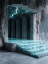 Dramatic underground cave with glowing turquoise water and stairs Royalty Free Stock Photo