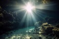 Dramatic underwater cave sunlight shining adventure. Generate Ai