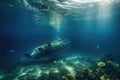 dramatic underwater shot of capsized boat