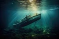 dramatic underwater shot of capsized boat