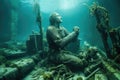 dramatic underwater shot of fallen statue among debris