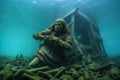 dramatic underwater shot of fallen statue among debris