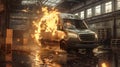 Intense action scene with a van caught in an explosion inside a warehouse. vivid flames and dramatic lighting enhance