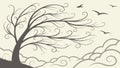 Windswept Tree Silhouette with Birds in a Stormy Sky, vector design Generative AI Royalty Free Stock Photo