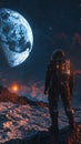 Vertical View of Astronaut on Alien Surface Watching Large Moon Royalty Free Stock Photo