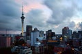 Dramatic view of Auckland city skyline at dusk