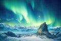 dramatic view of a bright aurora above glacier-covered mountains