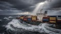 Dramatic view of a cargo container ship battling massive waves in a stormy ocean Royalty Free Stock Photo